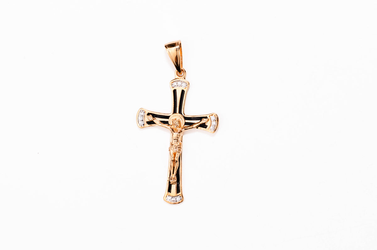 Orthodox Cross Pendant Rose Gold 585 with Black Enamel