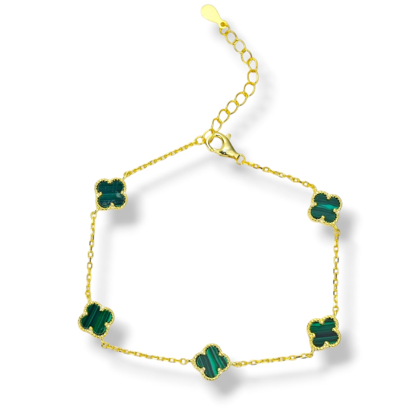 Silver Bracelet Malachite Clovers Gold Plated