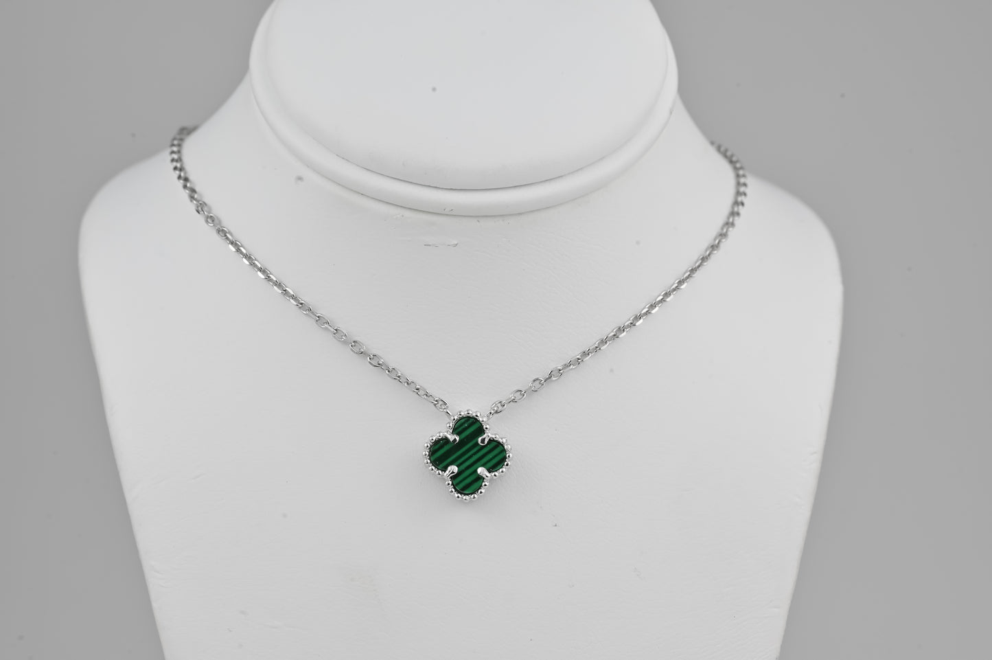 Silver Necklace Clover Malachite