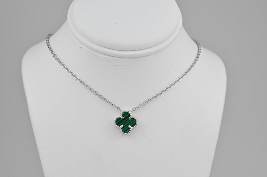 Silver Necklace Clovers Malachite