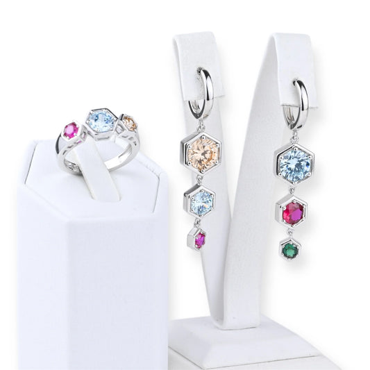 Silver Set Colorful Hexagon Dangle Earrings and Ring