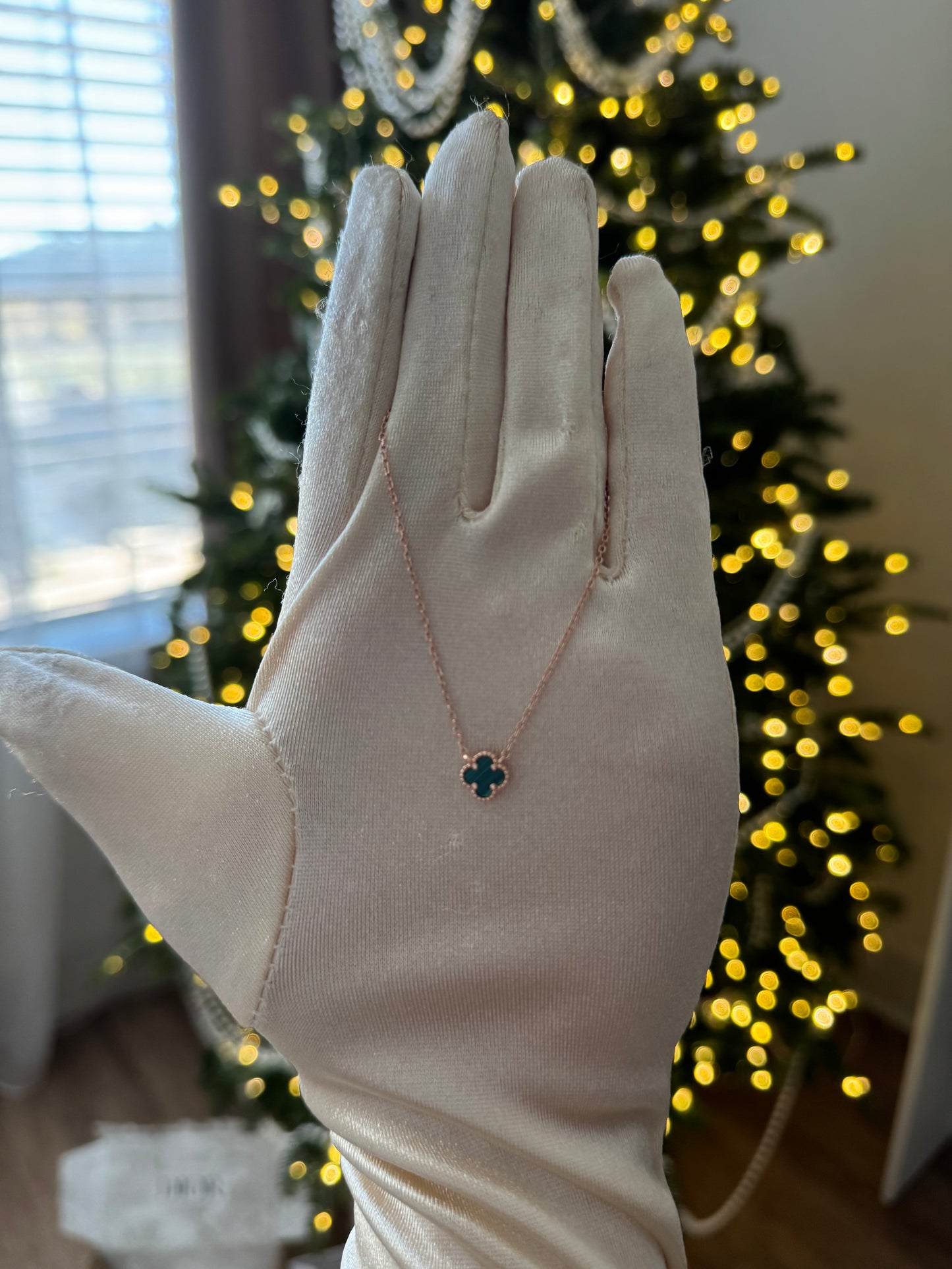 Silver Necklace Clovers Malachite Gold Plated