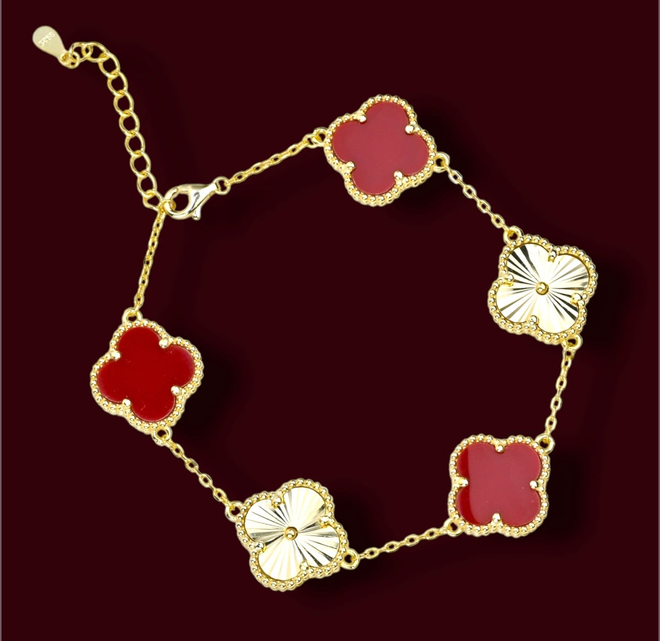 Silver Bracelet Red Clover Yellow Gold Plated
