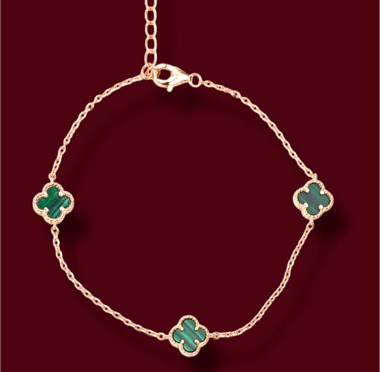 Malachite Silver Bracelet three clover Rose Gold Plated
