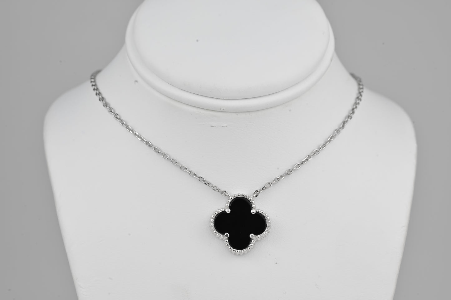 Silver Necklace Clovers Onyx