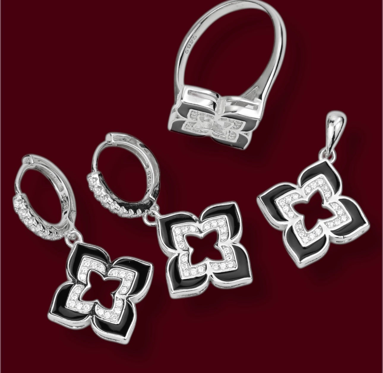 Silver Onyx Flowers Set