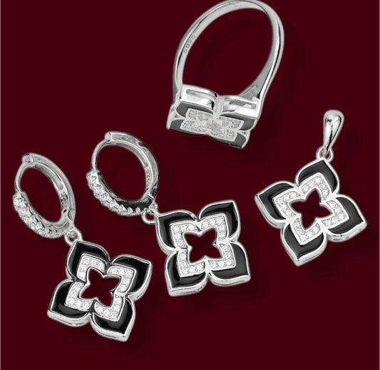 Silver Onyx Flowers Set