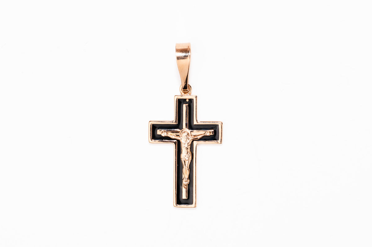 Orthodox Cross Pendant Rose Gold 585 with Black Enamel