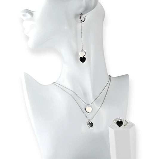 Silver Jewelry Set Black Hearts