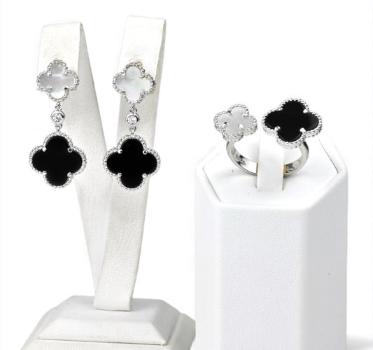 Silver Set Clover Onyx Mother of Pearl