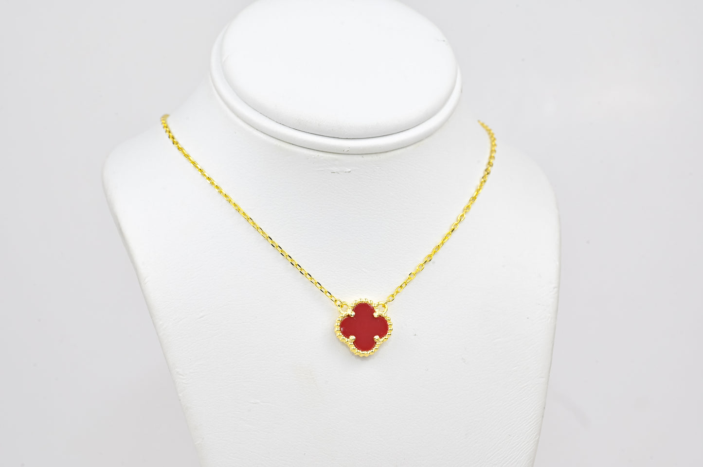 Silver Necklace Red Clover Yellow Gold Plated