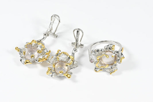 Pink Alien Flowers Silver Jewelry Set