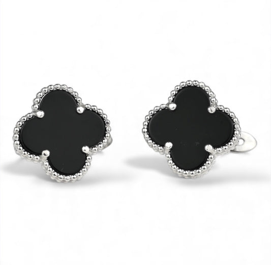 Clover Onyx Silver Earrings