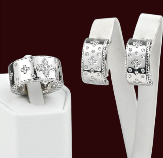 Silver Set Flowers Earrings and Ring