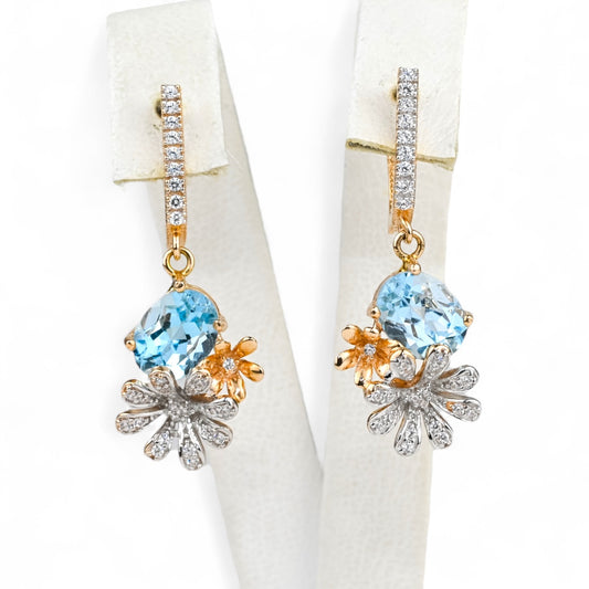 Dangle Earrings Flowers Blue Topaz