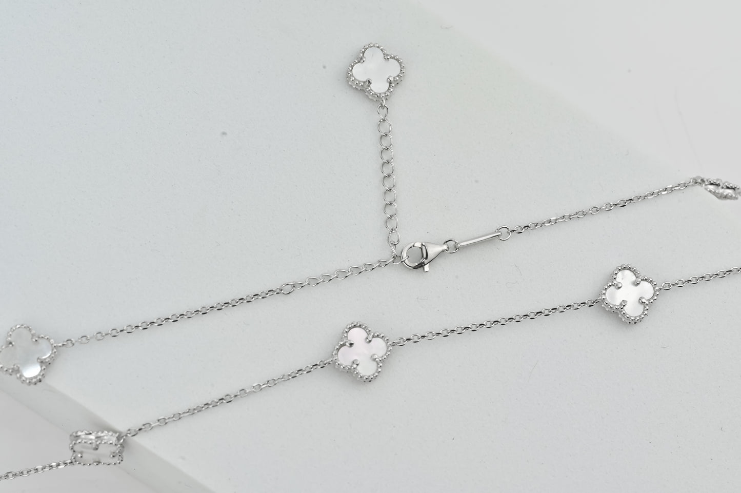 Long Silver Necklace Mother of Pearl Clovers