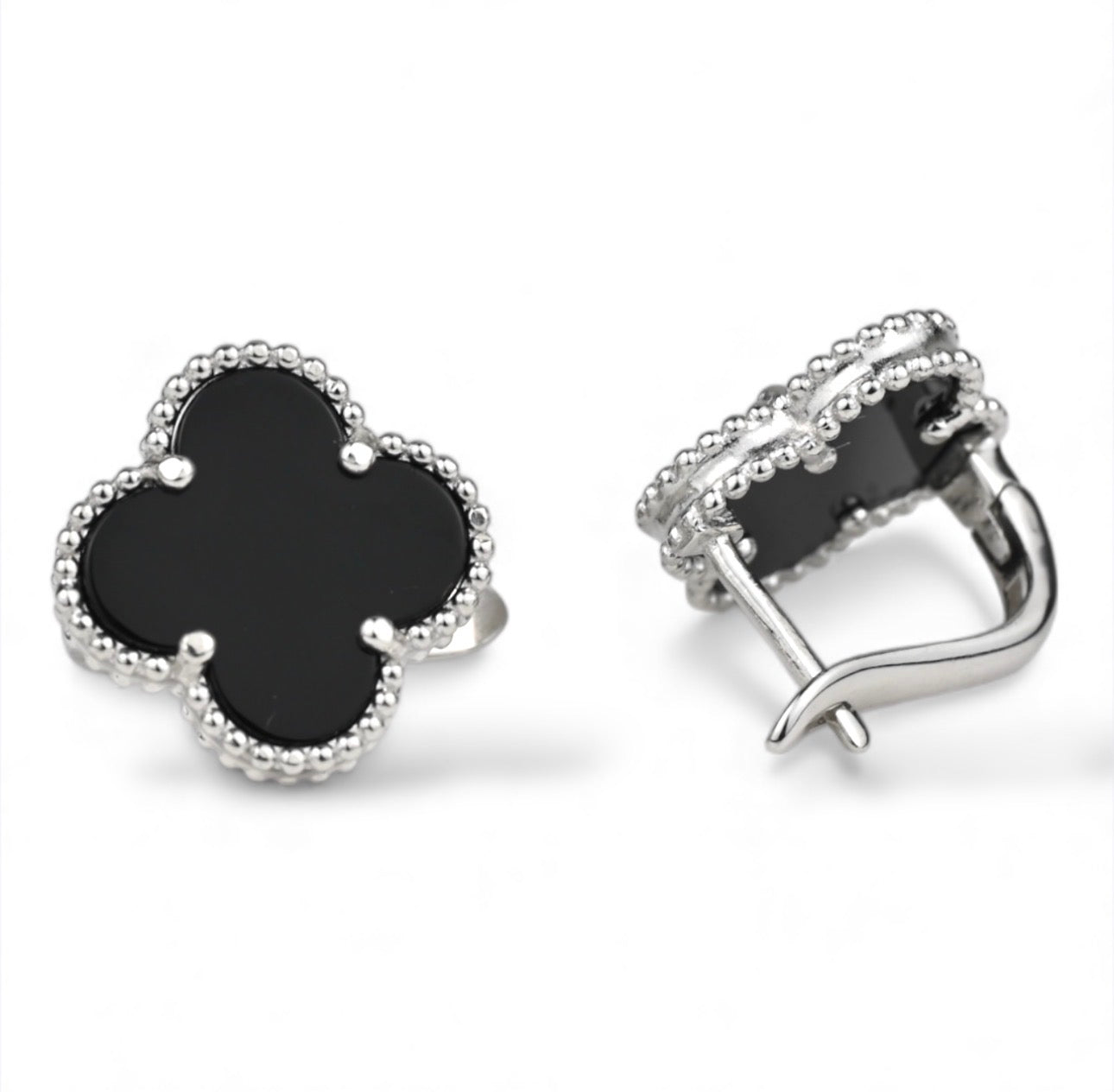 Clover Onyx Silver Earrings