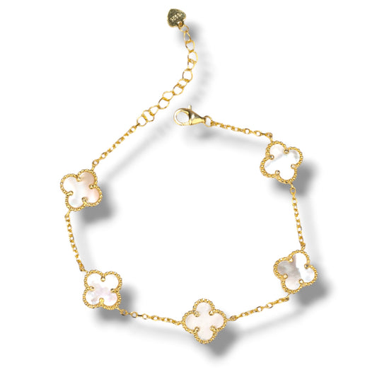 Silver Bracelet Clovers Mother of Pearl Yellow Gold Plated