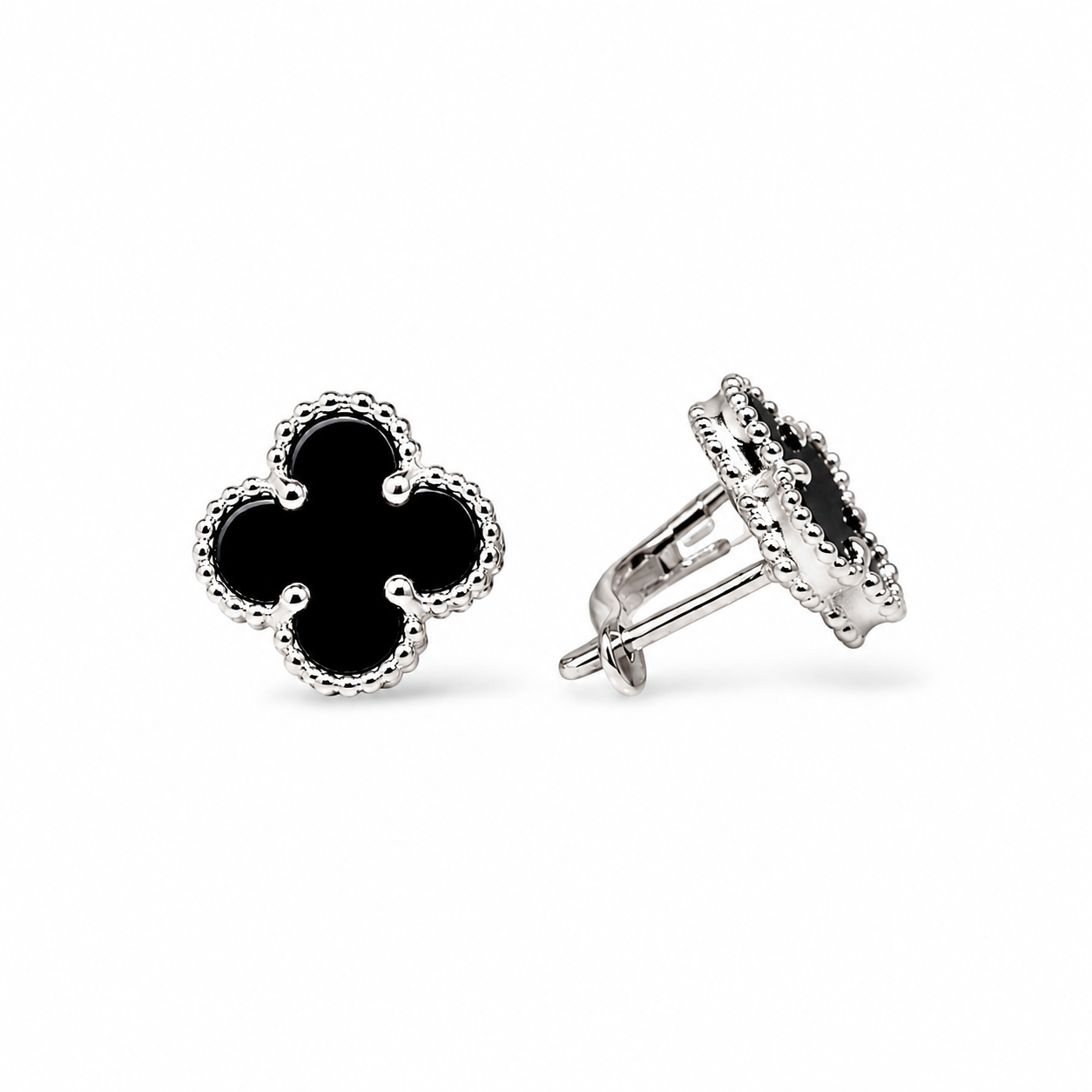 Silver Earrings Clover Onyx