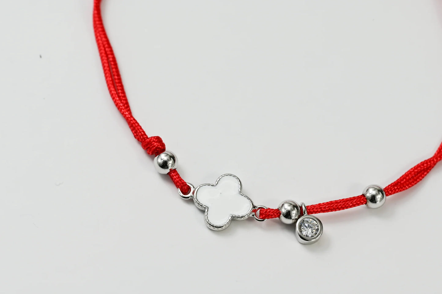 Silver Bracelet Red Thread White clover