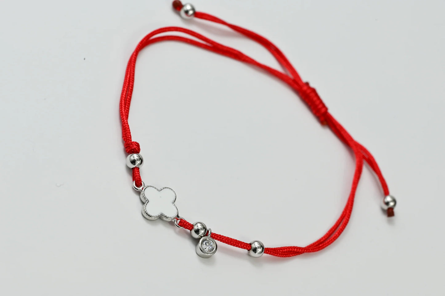 Silver Bracelet Red Thread White clover