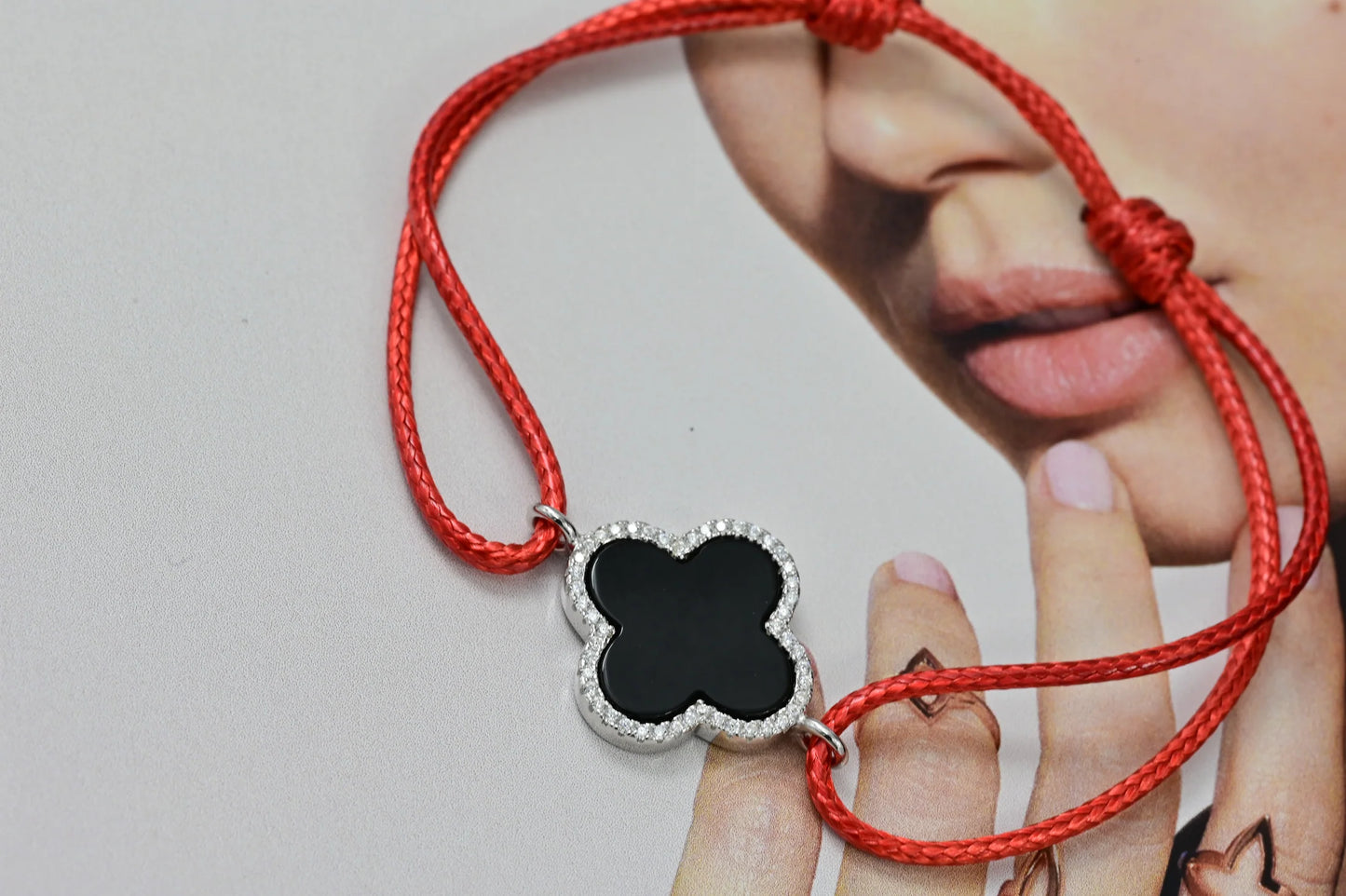 Silver Bracelet Red Thread clover