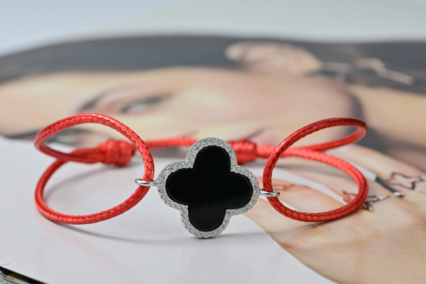 Silver Bracelet Red Thread clover