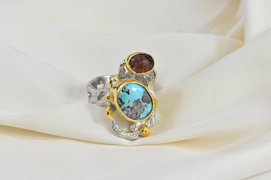 Silver Ring Ruby and Turquoise