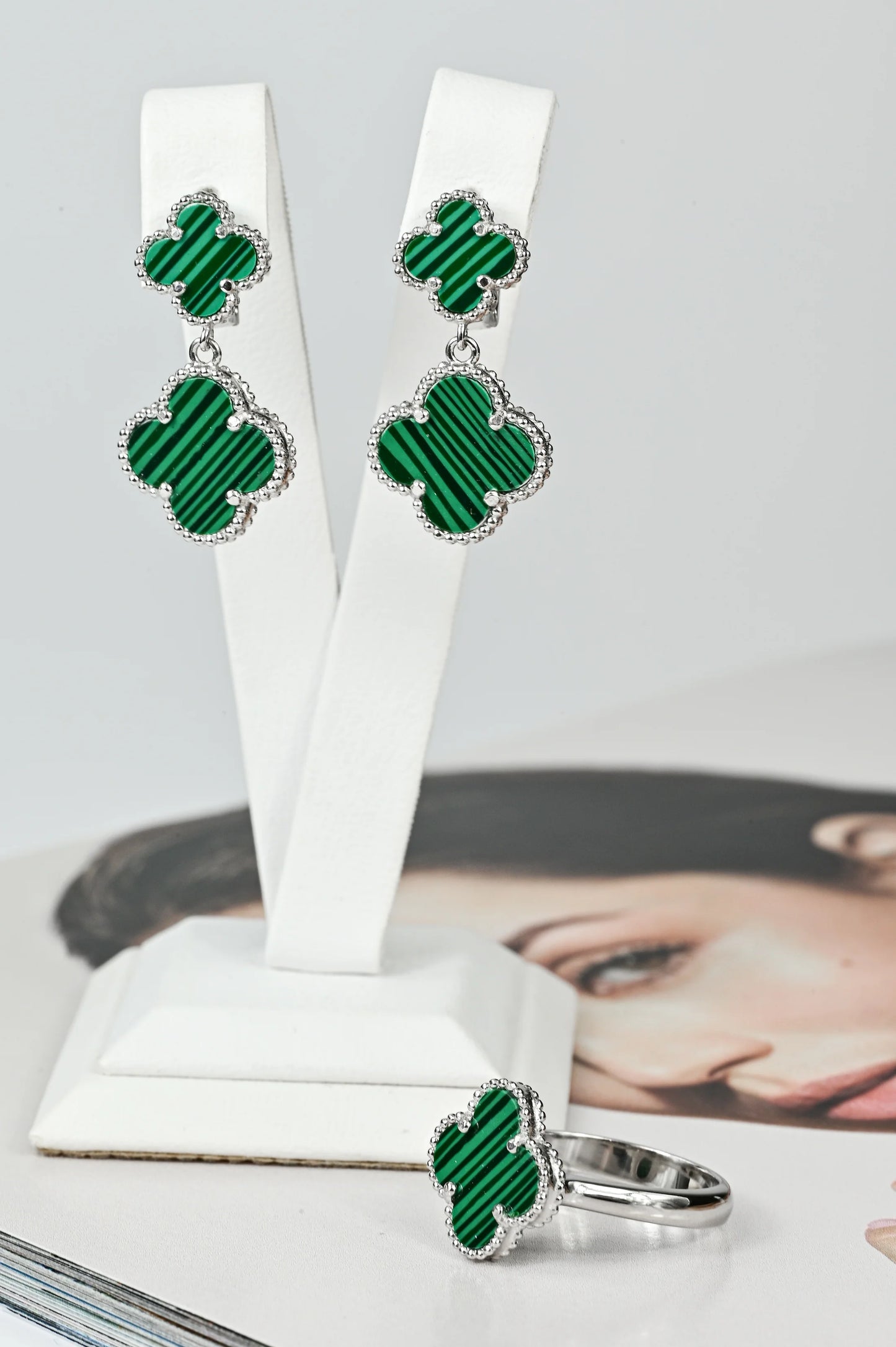 Silver Jewelry Set Malachite (Earrings,Ring)