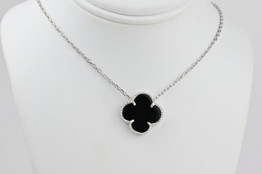 Silver necklace Onyx clover