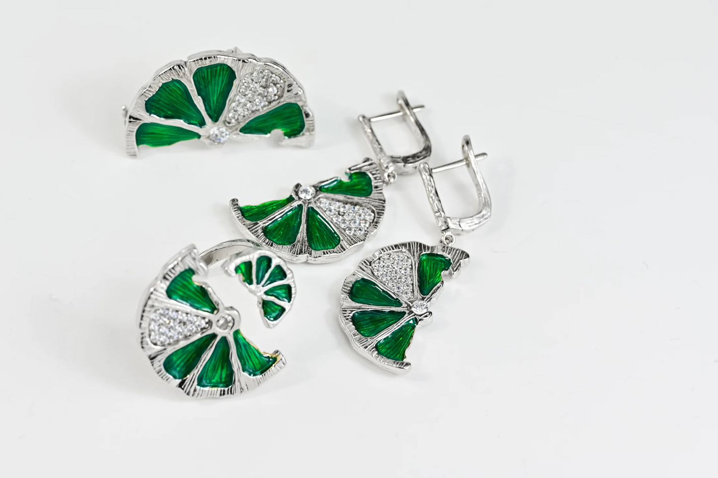 Silver Jewelry Set Lime (Earrings,Ring,Brooch-Pendant)