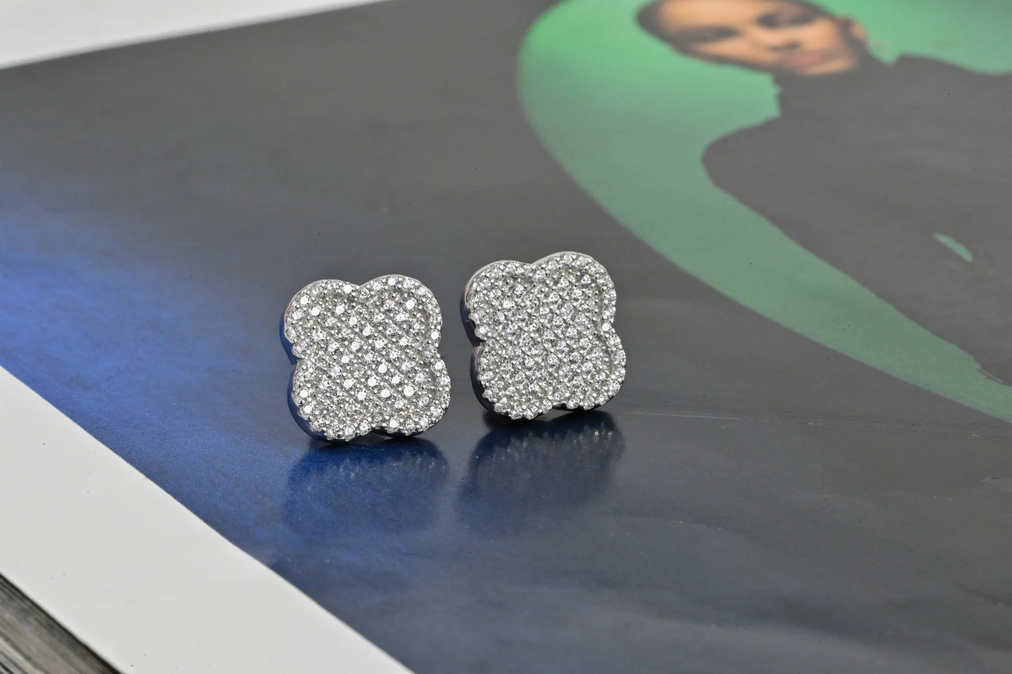 Silver Stud Earrings clover Zirconia stones