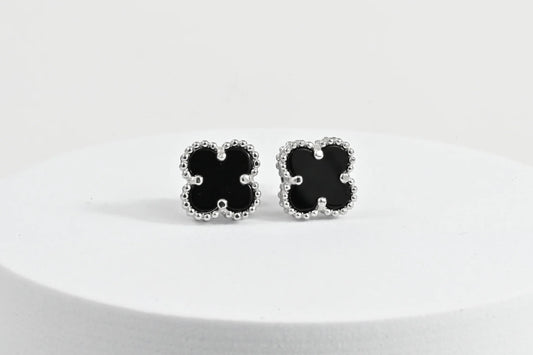 Silver Stud Earrings small clover Onyx