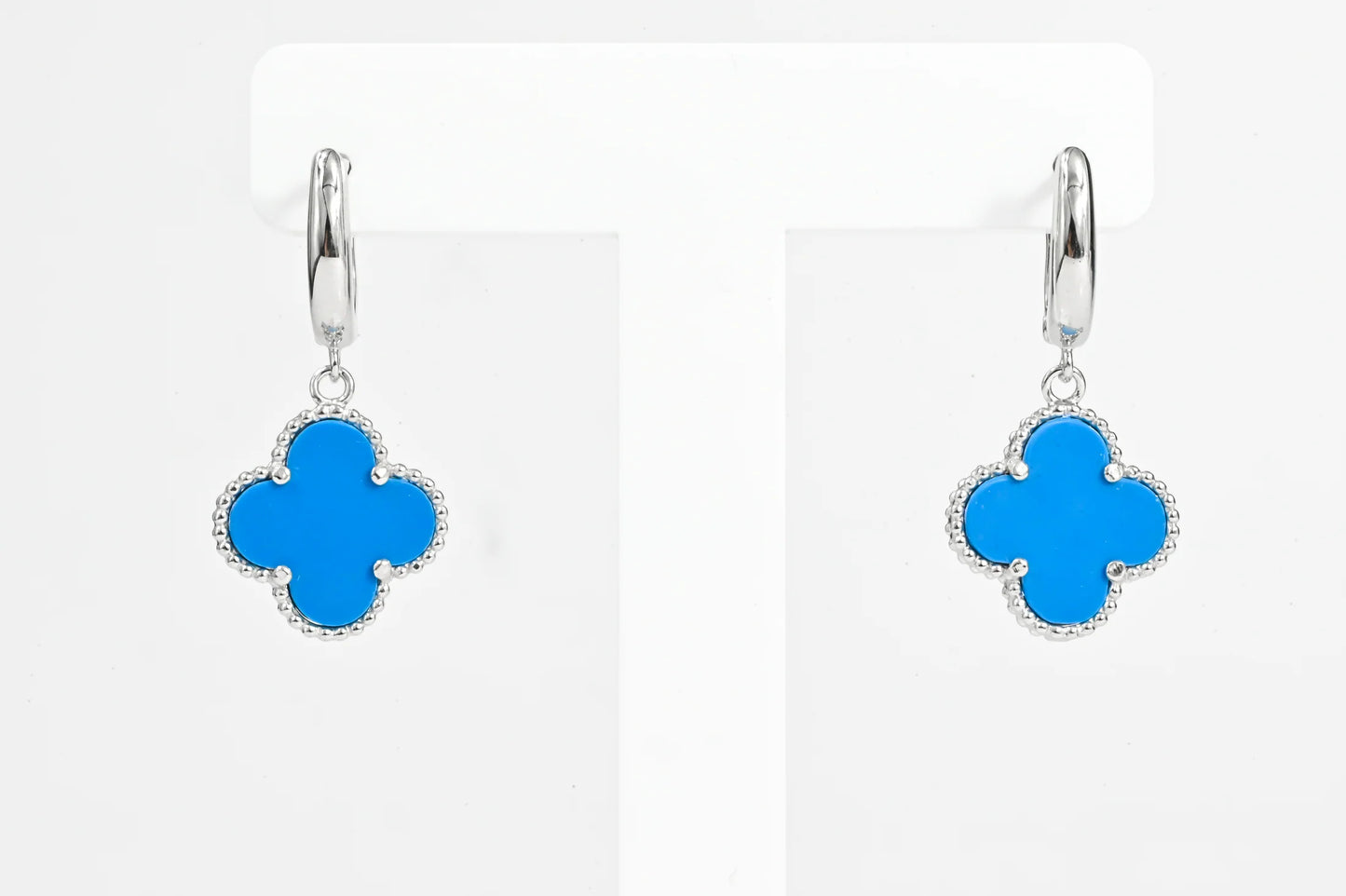 Silver Dangle Earrings Blue Clover