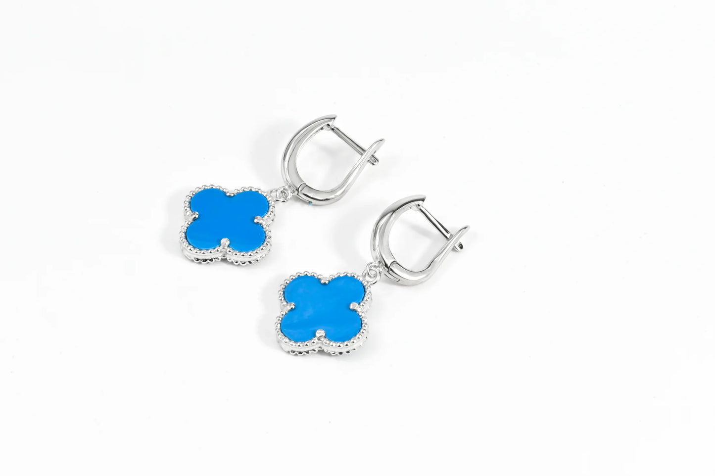 Silver Dangle Earrings Blue Clover