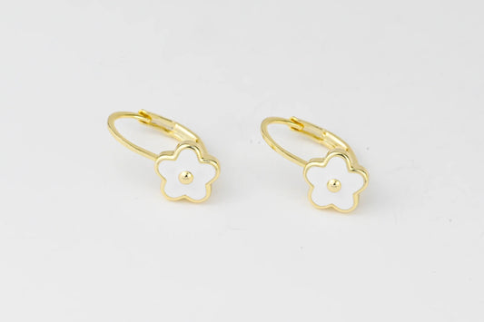 Kids Earrings White Flowers Gold Plated