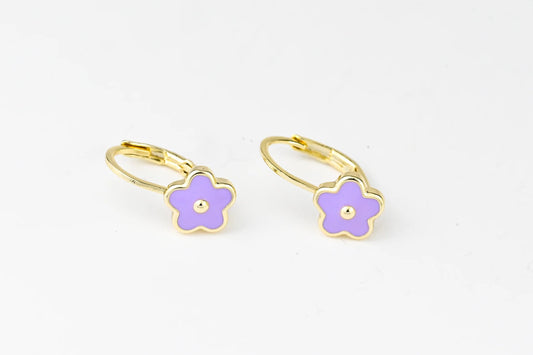 Kids Earrings Purple Flower Gold Plated