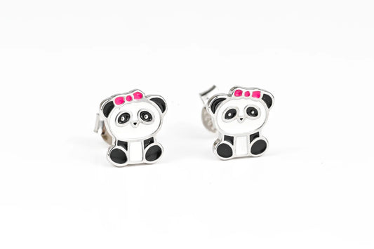 Kids Silver Earrings Panda Screw in lock