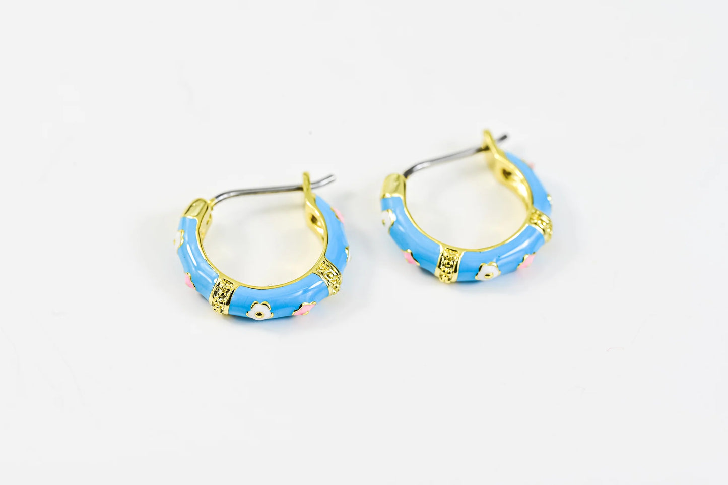 Blue Kids Earrings Flowers Gold Plated