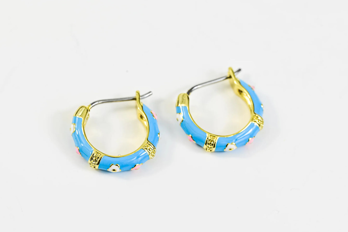 Blue Kids Earrings Flowers Gold Plated
