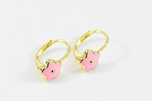 Kids Earrings Pink Flower  Gold Plated