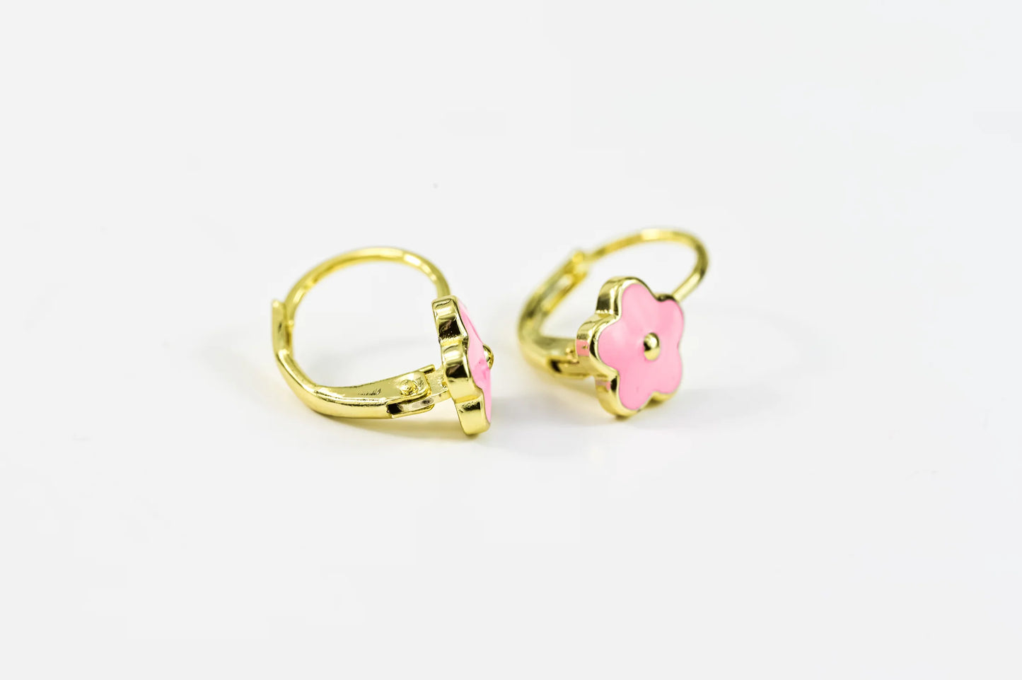 Kids Earrings Pink Flower  Gold Plated