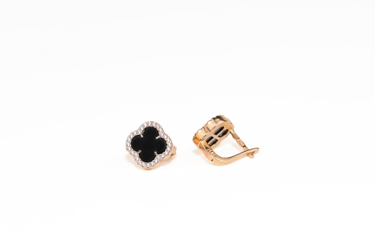 Rose Gold Earrings Clover Onyx