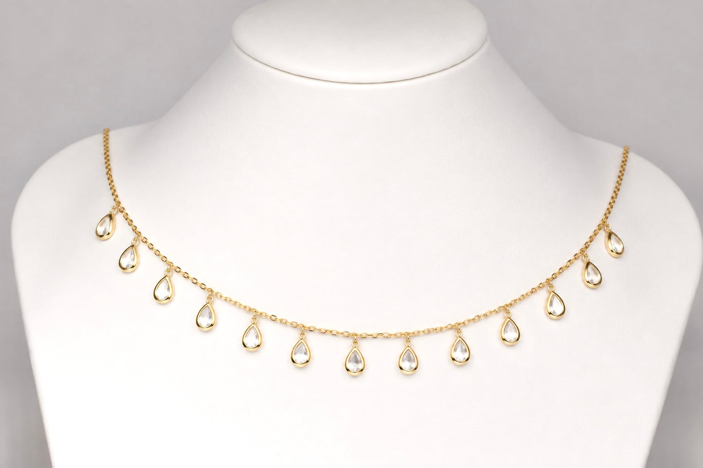 Cubic Zirconia Crystal Drops Silver Necklace Yellow Gold Plated