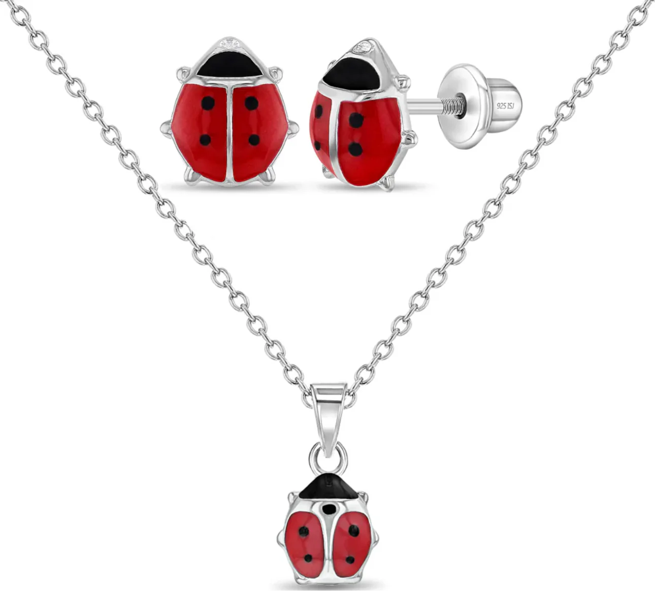 Kids Silver Set Ladybug Earrings & Necklace