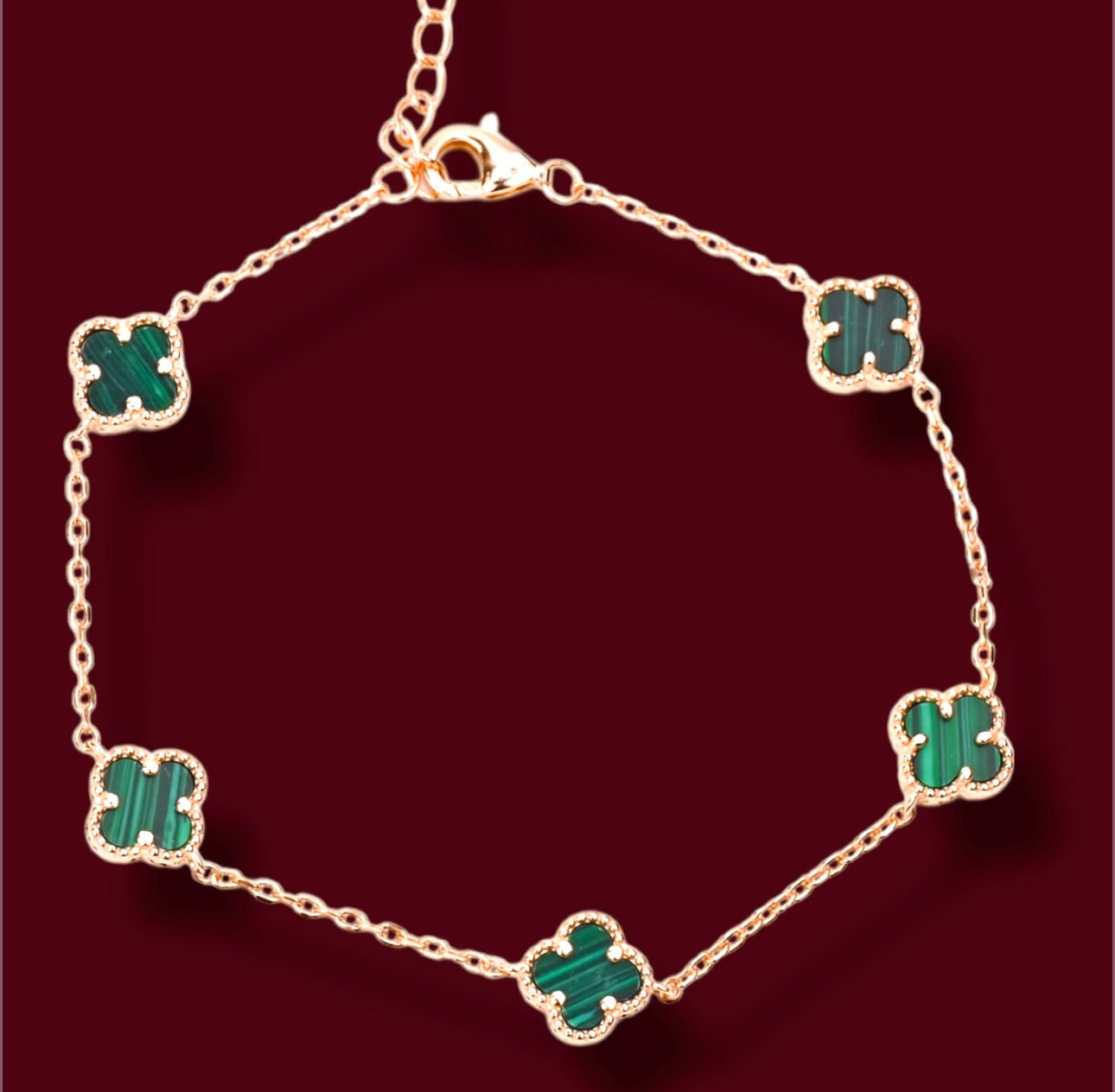 Malachite Silver Bracelet five clover Rose Gold Plated