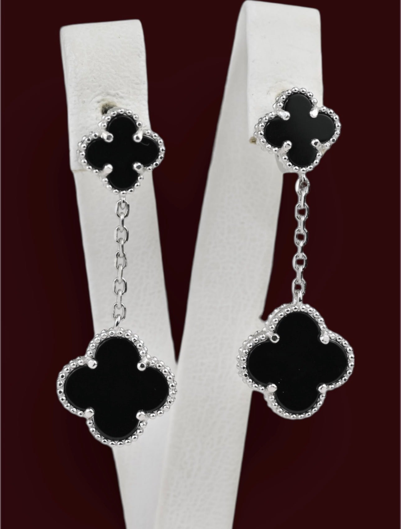 Dangle Silver Earrings Onyx Clover