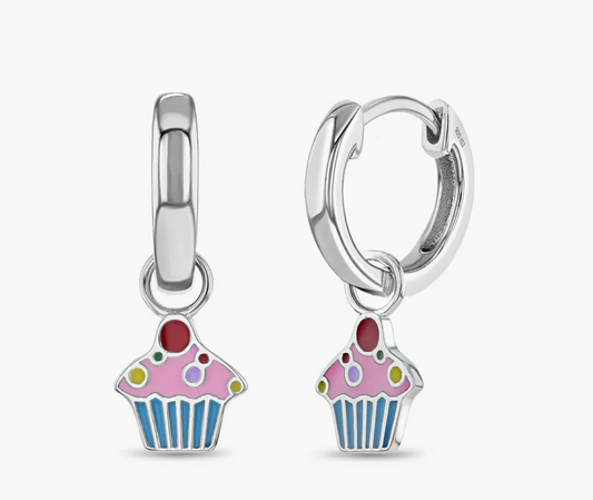 Kids Dangle Earrings Silver Cupcake