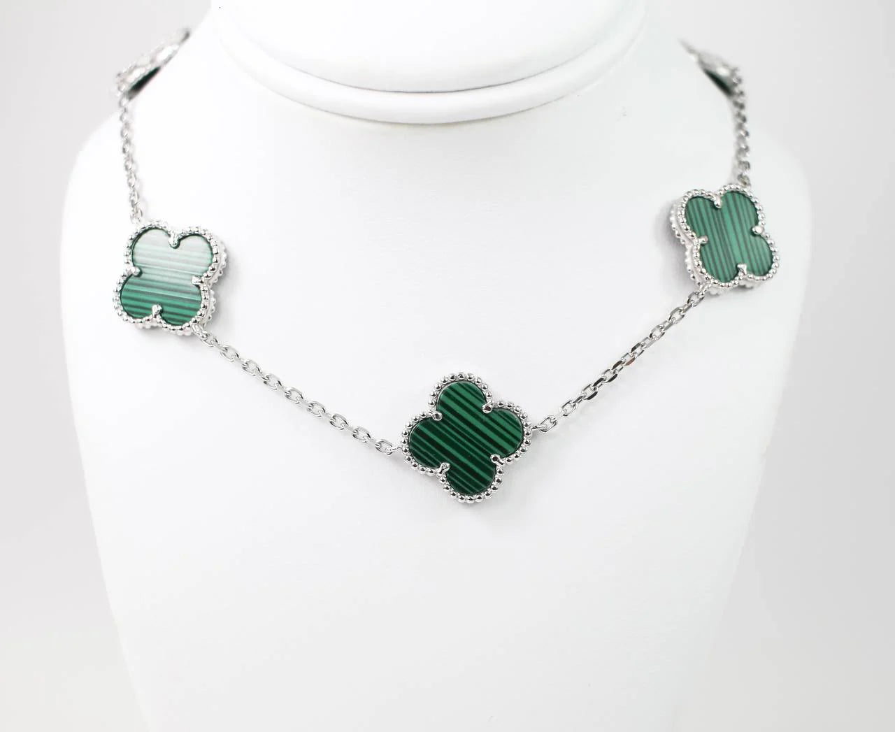 Silver Necklace Green Malachite clover