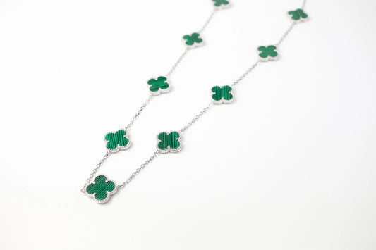 Silver Necklace Green Malachite clover